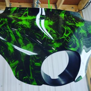 Harley batwing with Large Flaming Black Skulls film