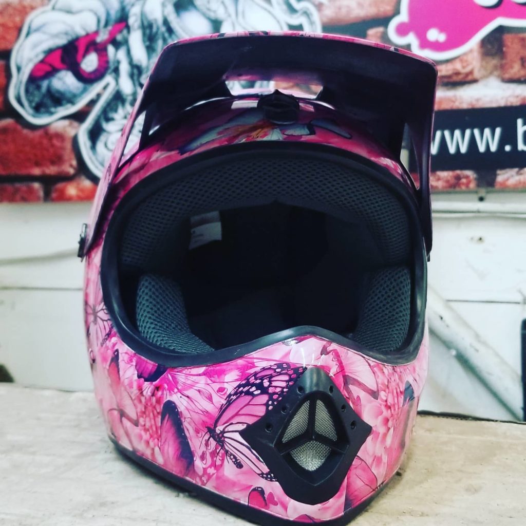 Helmet in Hydro Dipped in Pink and Blue Butterflies film